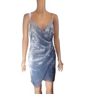 Y2K Blue Strappy Velvet Bodycon Mini Dress Asymetrical Hem Party Clubcore L